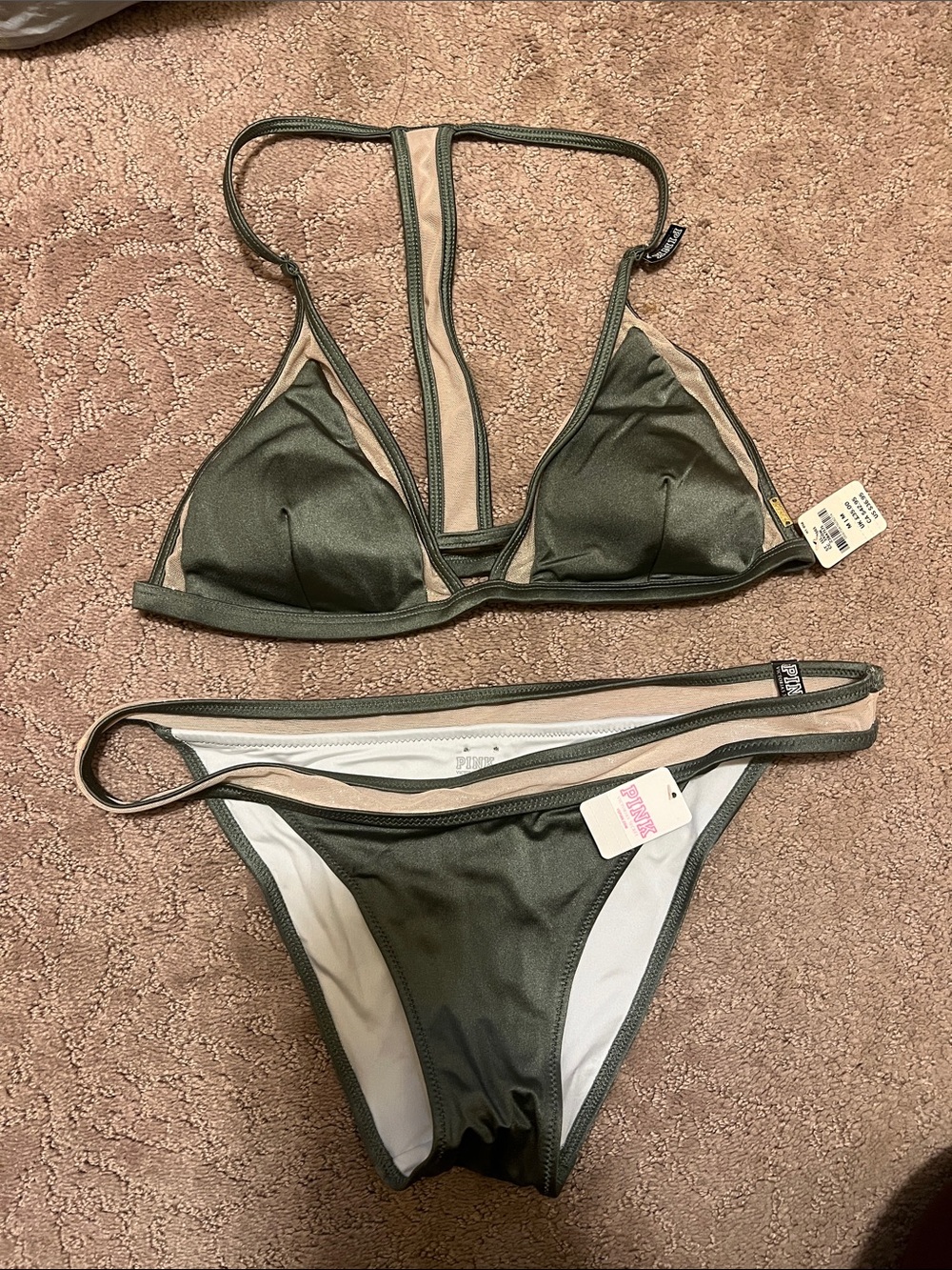 PINK Victoria's Secret Olive Green Triangle Bikini with Tan Trim